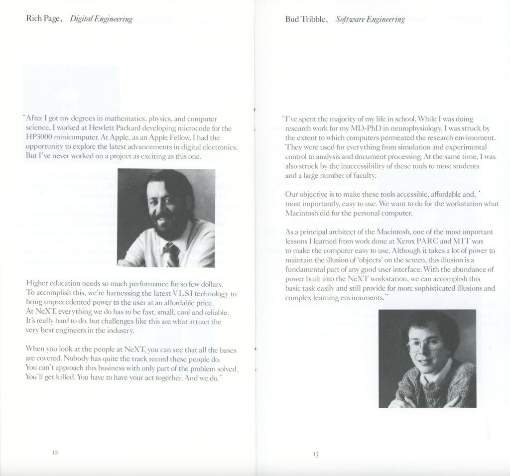 A black and white image featuring two individuals, Rich Page and Bud Tribble, engaged in a conversation about digital engineering and software engineering. Rich Page discusses the need for high performance in higher education, while Bud Tribble emphasizes making computer tools accessible and easy to use.