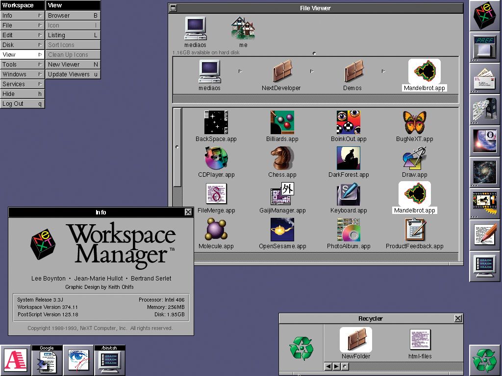 A screenshot of the NEXTSTEP operating system's Workspace Manager, showcasing a file viewer interface with application icons, a menu bar, and a system information window.