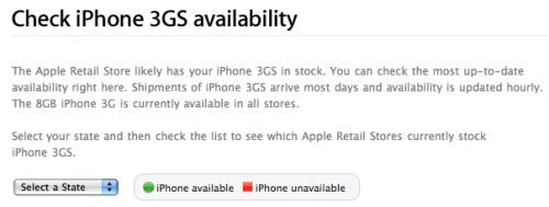 미국 직영점 iPhone 3GS의 재고 상황 페이지