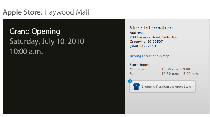 Apple, 사우스캐롤라이나 Apple Store, Haywood Mall, 7월10일 오픈