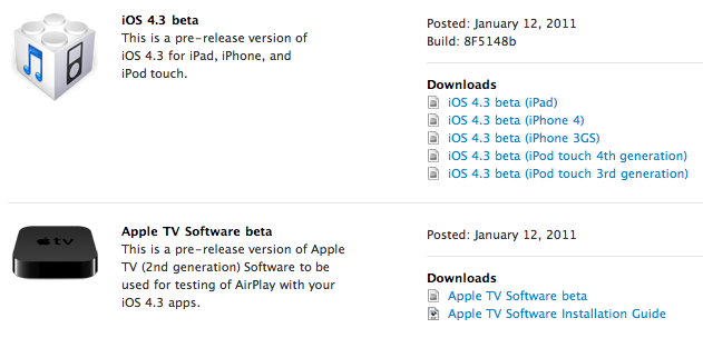 Apple. iOS 4.3 BETA for Device, iTV를 디벨로퍼에 배포