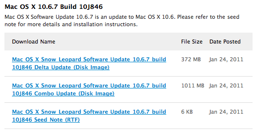 Mac OS X 10.6.7 Build 10J846를 디벨로퍼에 배포