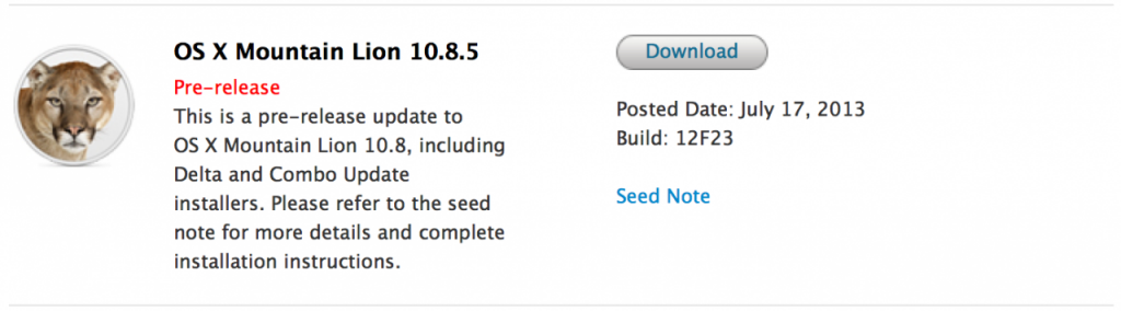 OS X Mountain Lion 10.8.5 Build 12F23 개발자에게 제공 1 data_applenews_131167_1280
