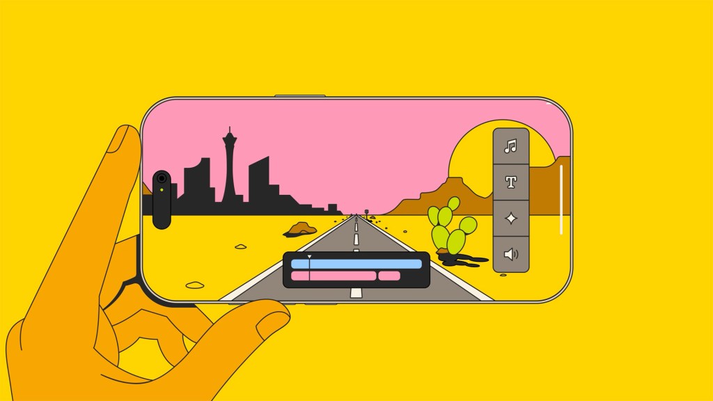 손으로 들고 있는 스마트폰 화면에 길을 따라 이어지는 도로와 배경의 풍경이 나타난 일러스트 이미지. 배경에는 핑크색 하늘과 도시 실루엣, 선인장이 있는 사막 지대가 보인다.