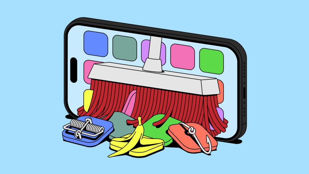 App Store, 90억 달러 이상 규모의 부정 의심 거래 차단 4 A stylized illustration of a smartphone with a cleaning broom sweeping away various items, such as bananas and hooks, symbolizing the cleaning of unwanted apps from the device.