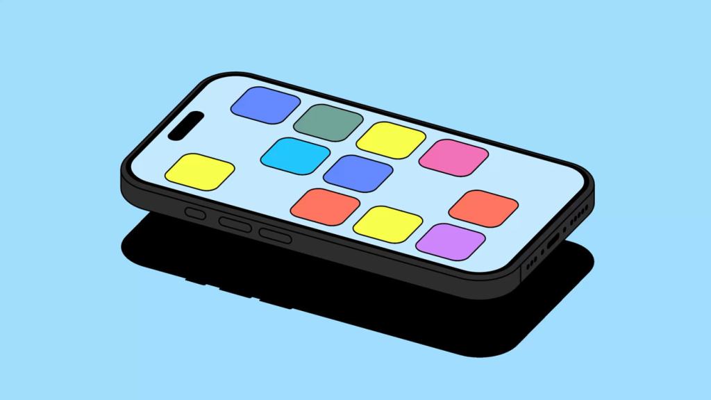 App Store, 90억 달러 이상 규모의 부정 의심 거래 차단 2 스마트폰 화면에 다양한 색상의 앱 아이콘이 표시되어 있는 일러스트.