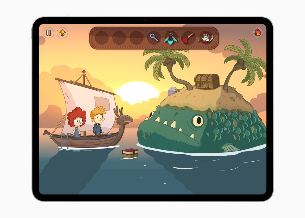 A cartoon scene depicting two children on a boat, with an island shaped like a monster in the background, set against a sunset.