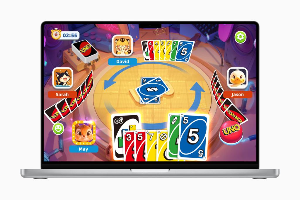 UNO: Arcade Edition game interface displayed on a laptop screen, showing players' avatars and colorful cards in a lively gaming environment.