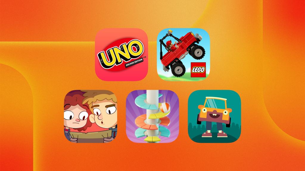 이미지에는 UNO: Arcade Edition, LEGO Hill Climb Adventures+, Lost in Play+, Helix Jump+와 같은 게임 아이콘들이 담긴 그래픽이 있습니다. 배경은 부드러운 오렌지색으로 디자인되어 있습니다.