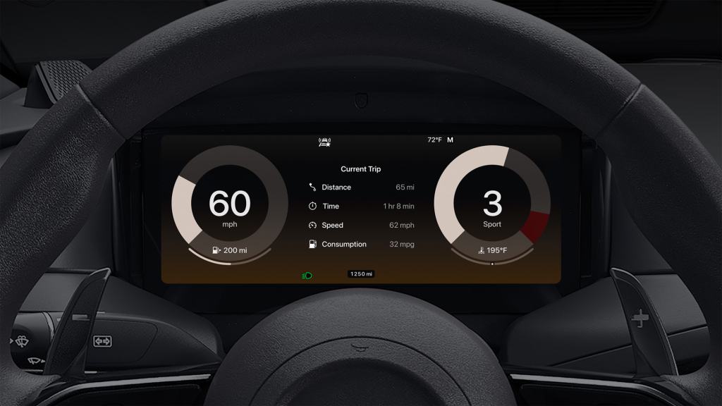 차량 내부에서 계기판의 속도계와 주행 정보를 표시하는 CarPlay Ultra 인터페이스.