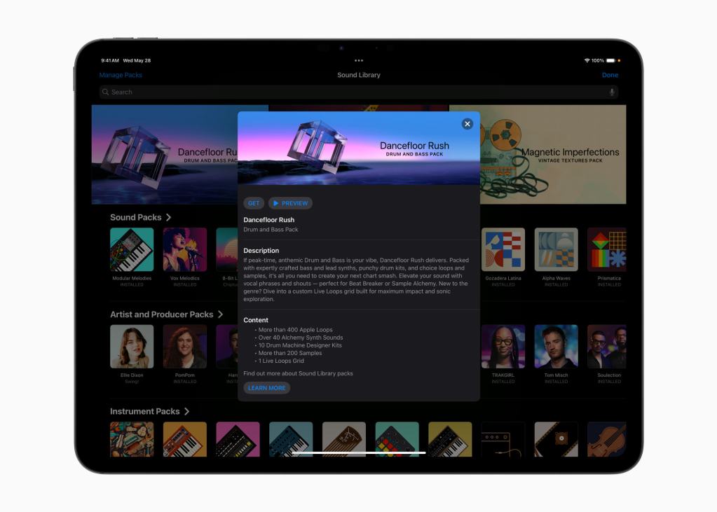 Logic Pro의 Dancefloor Rush 사운드 팩 설명이 표시된 iPad 화면