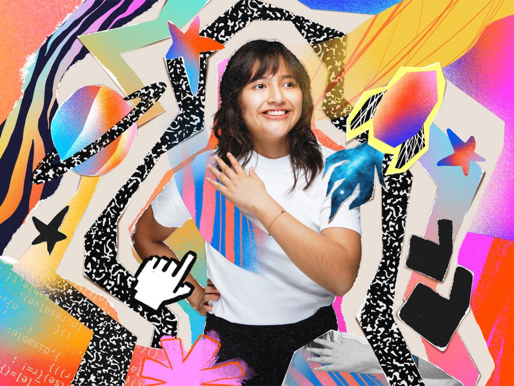 2025 Swift Student Challenge 우승자 4명을 만나보자 5 A young woman smiling and posing with her hand on her shoulder, surrounded by a vibrant, abstract background featuring colorful shapes like planets, stars, and stylized design elements.