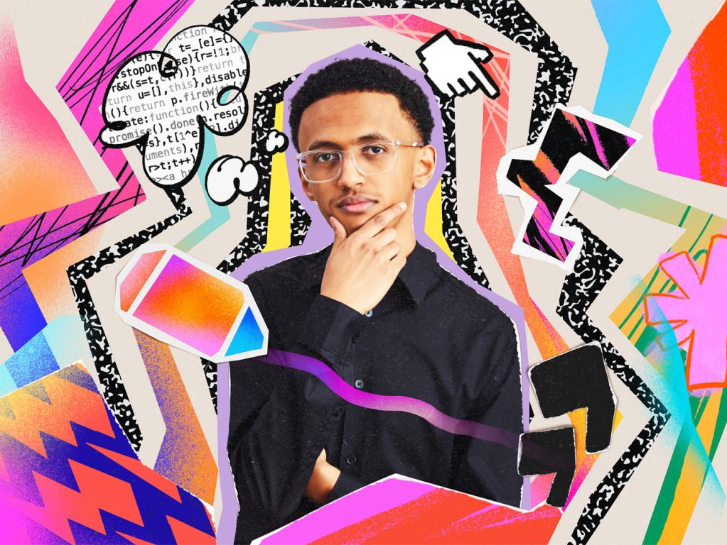 2025 Swift Student Challenge 우승자 4명을 만나보자 6 A young man in a black shirt is posing thoughtfully against a colorful, abstract background filled with various graphic elements such as arrows, geometric shapes, and scattered text.