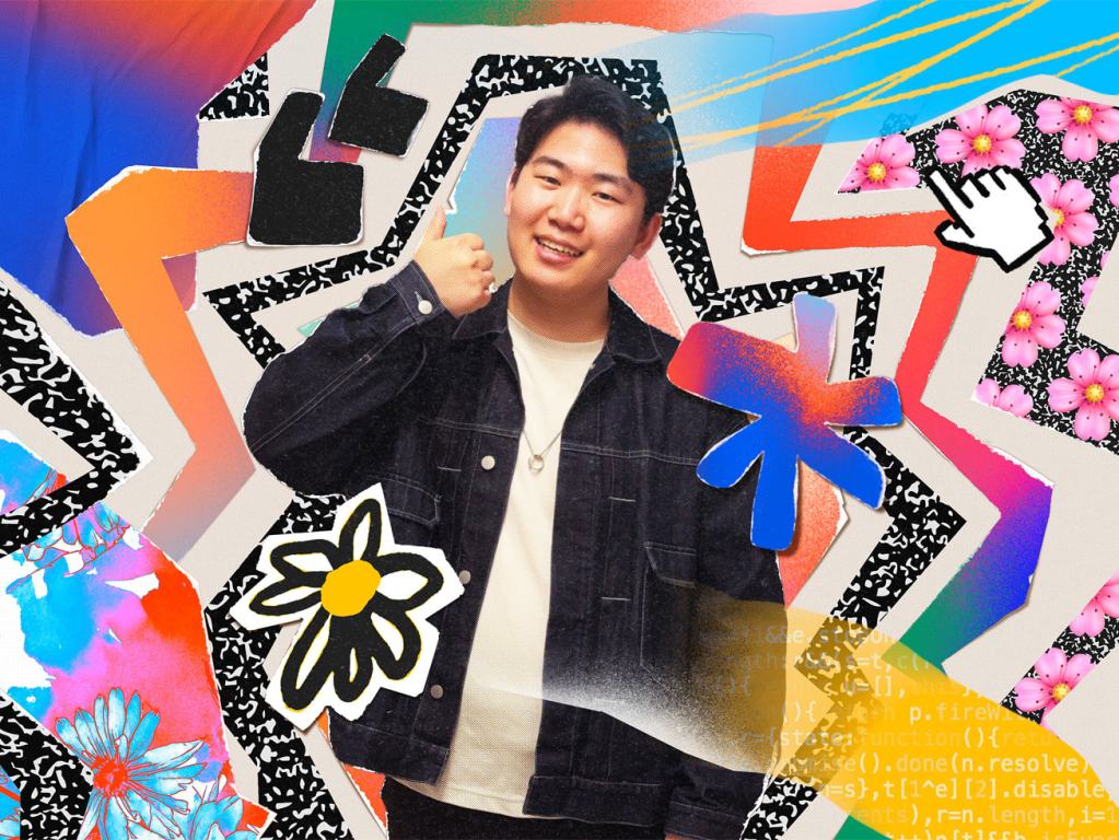 2025 Swift Student Challenge 우승자 4명을 만나보자 3 A young man smiling and giving a thumbs up, standing in front of colorful abstract designs and graphics that include flowers and patterns.