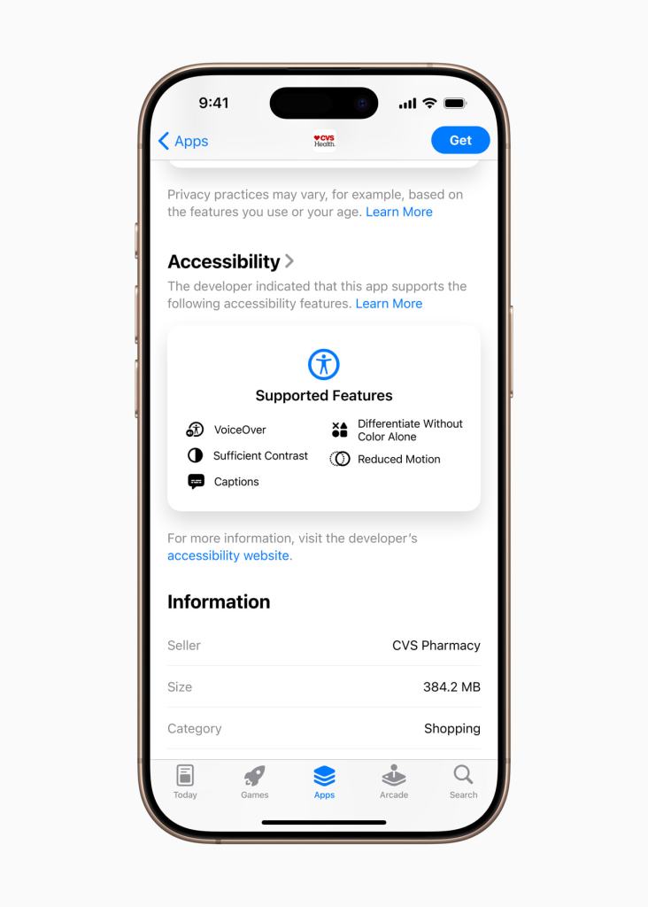 Apple, 올 하반기 출시되는 강력한 손쉬운 사용 기능 공개 3 CVS Pharmacy 앱의 접근성 기능 정보가 표시된 iPhone 화면.