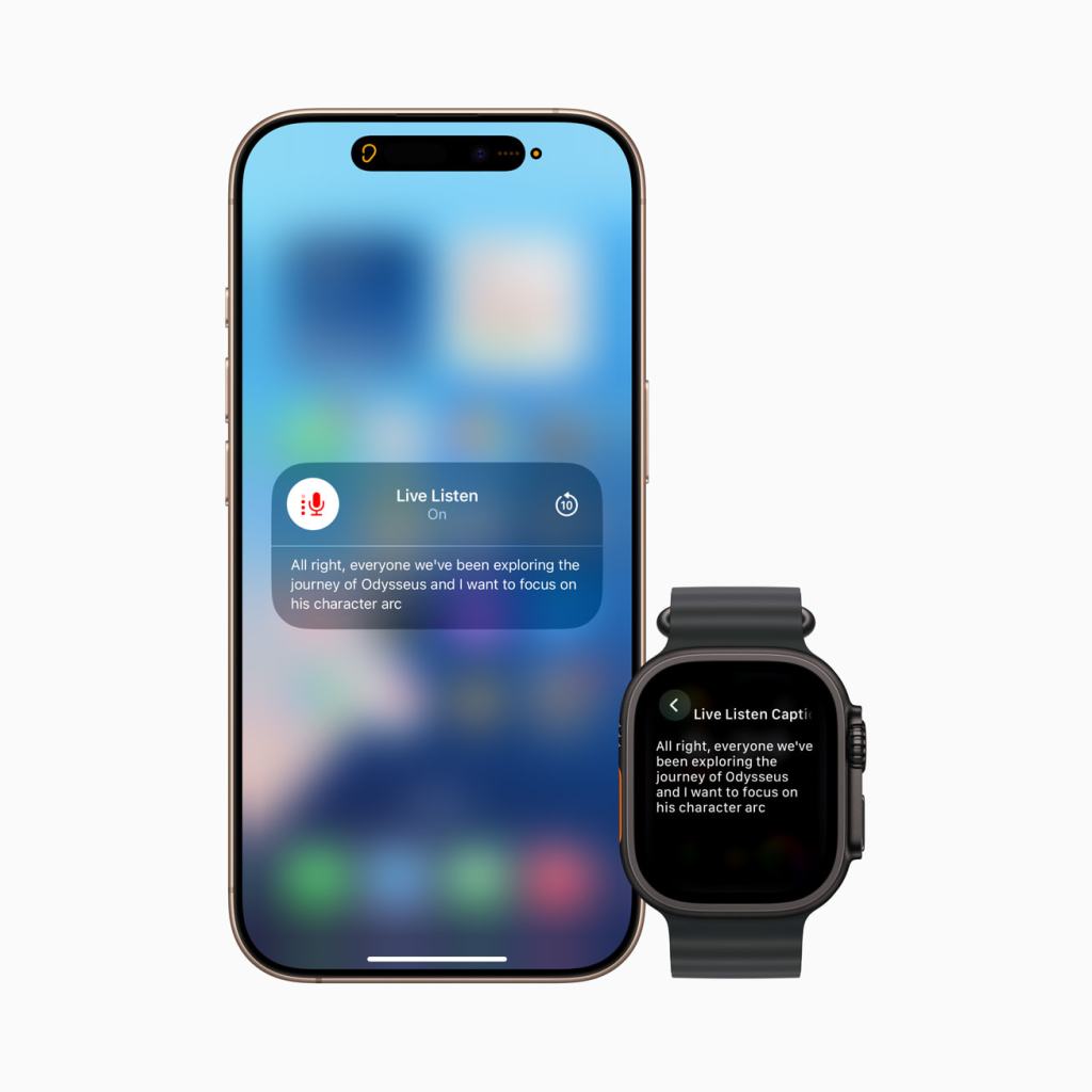 Apple, 올 하반기 출시되는 강력한 손쉬운 사용 기능 공개 9 Apple iPhone 화면에 실시간 듣기 기능이 활성화된 모습과 Apple Watch에서 자막이 표시된 모습.