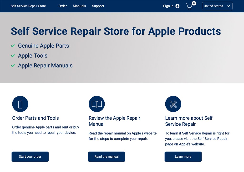 Apple, iPad를 위한 셀프 서비스 수리 출시 3 Apple의 셀프 서비스 수리를 위한 제품 정보와 옵션 안내 웹페이지. 정품 Apple 부품, 도구 및 수리 매뉴얼 제공.