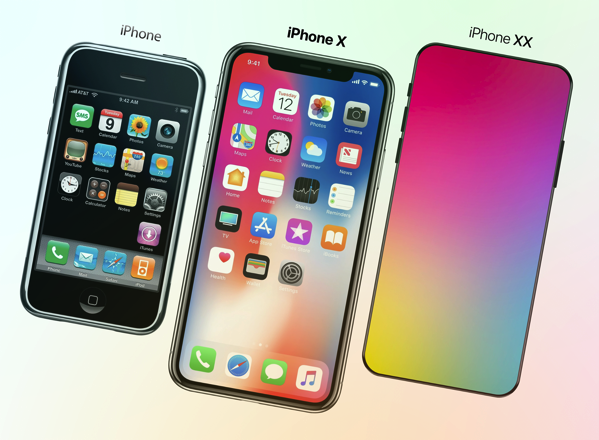 Comparison of three iPhone models: the original iPhone on the left, iPhone X in the center with its app interface, and a future concept design labeled 'iPhone XX' on the right with a colorful gradient display.