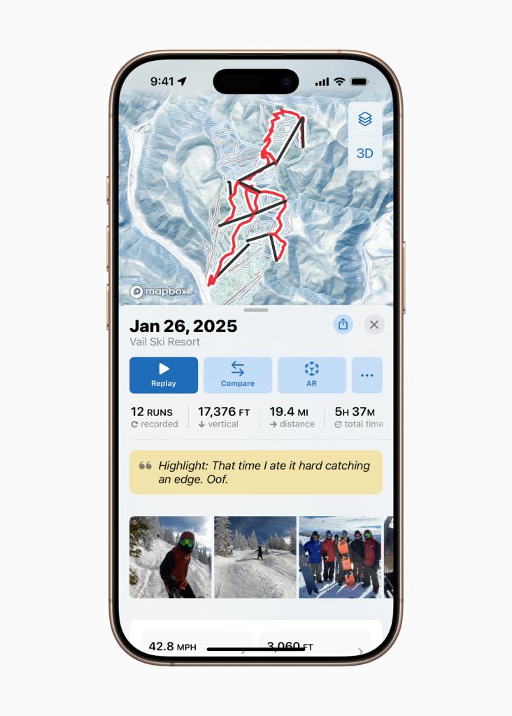A smartphone screen displaying a skiing app interface with tracking details for runs at Vail Ski Resort, including date, vertical feet, distance, and photos from the ski day.