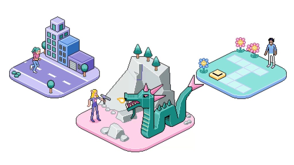 App Store, 전 세계 개발자 역량 강화 지원 4 다양한 게임 환경을 나타내는 픽셀 그래픽: 왼쪽에는 도시 배경을 걷는 캐릭터, 중앙에는 드래곤과 함께 있는 전투 상황, 오른쪽에는 꽃이 피어 있는 평화로운 구역과 퍼즐을 하는 캐릭터가 보임.