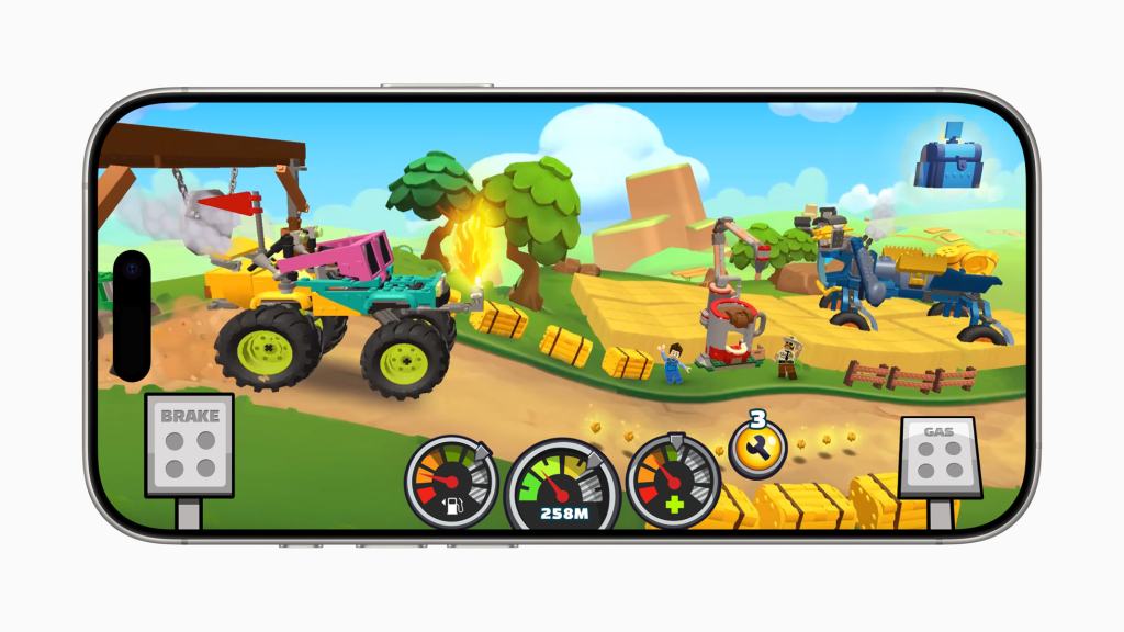 A gameplay screenshot of a colorful mobile game featuring a vehicle navigating through a vibrant landscape with characters and obstacles.