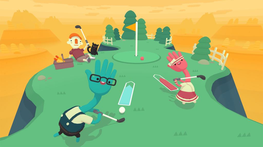 A whimsical golf scene featuring colorful cartoon characters playing golf on a vibrant green landscape with mountains in the background.