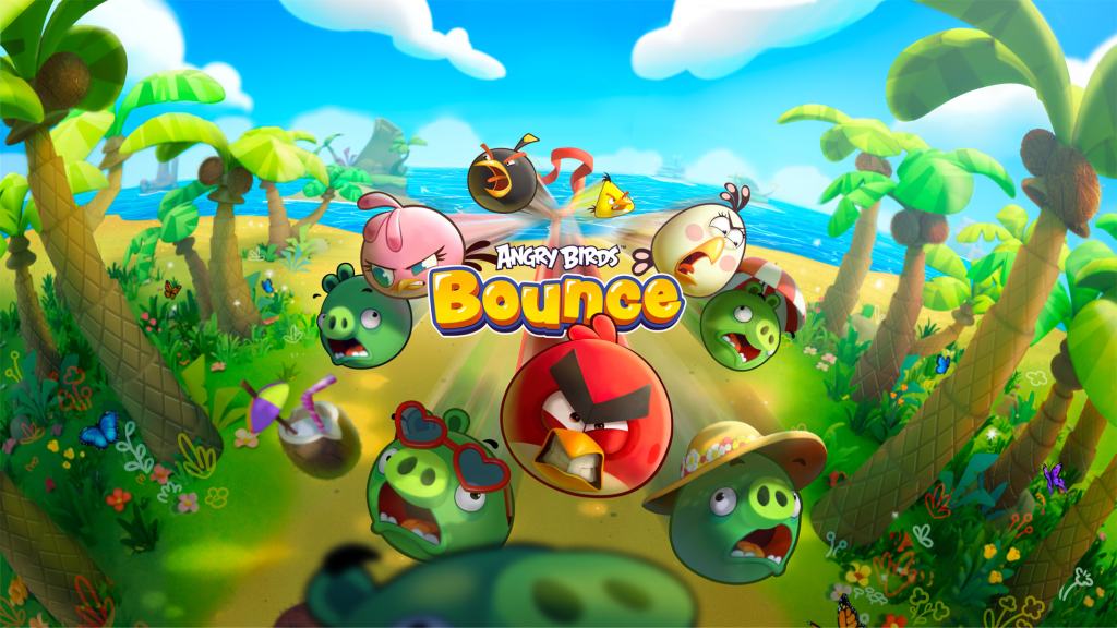 배경에 야자수와 바다가 있는 그림 속에서 여러 마리의 새와 돼지 캐릭터들이 'Angry Birds Bounce' 게임 로고 주위에 모여 즐거운 분위기를 연출하고 있다.