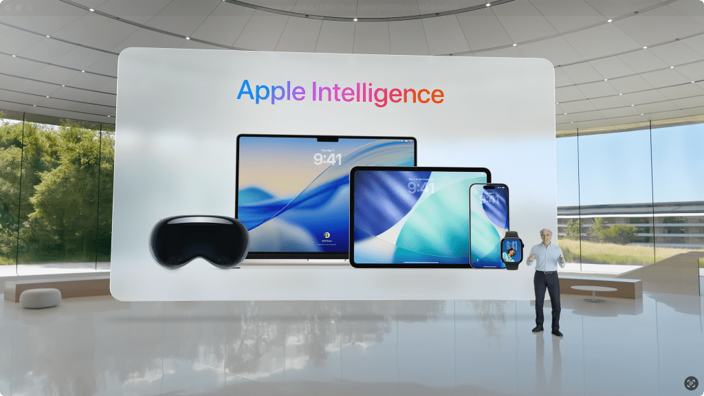 키노트 발표 중 애플 인텔리전스에 대한 설명을 하는 발표자와 함께 여러 Apple 기기가 보이는 장면.