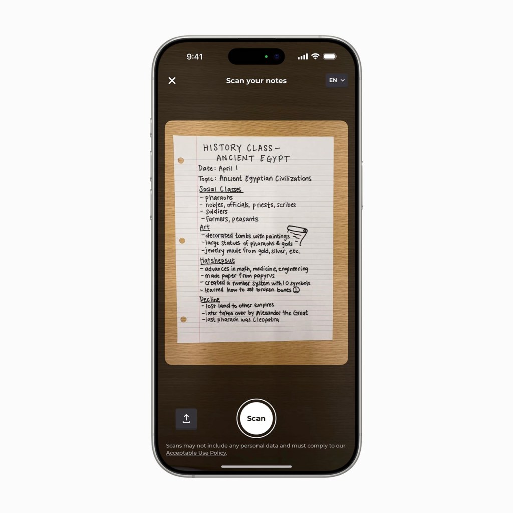 A smartphone screen displaying notes from a history class about ancient Egypt, including topics like social classes, art, and achievements in various fields.