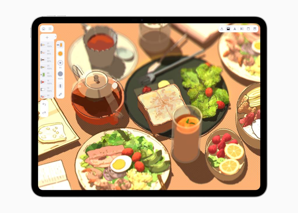 Apple, 2025 Apple 디자인 어워드 수상작 공개 13 An illustration of a table set with various dishes, including a sandwich, green vegetables, and fruits, displayed on an iPad screen.