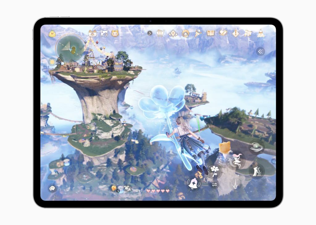 Apple, 2025 Apple 디자인 어워드 수상작 공개 14 A fantasy game scene displayed on a tablet, showing a character soaring over a picturesque island landscape with floating land masses, trees, and various icons indicating gameplay elements.