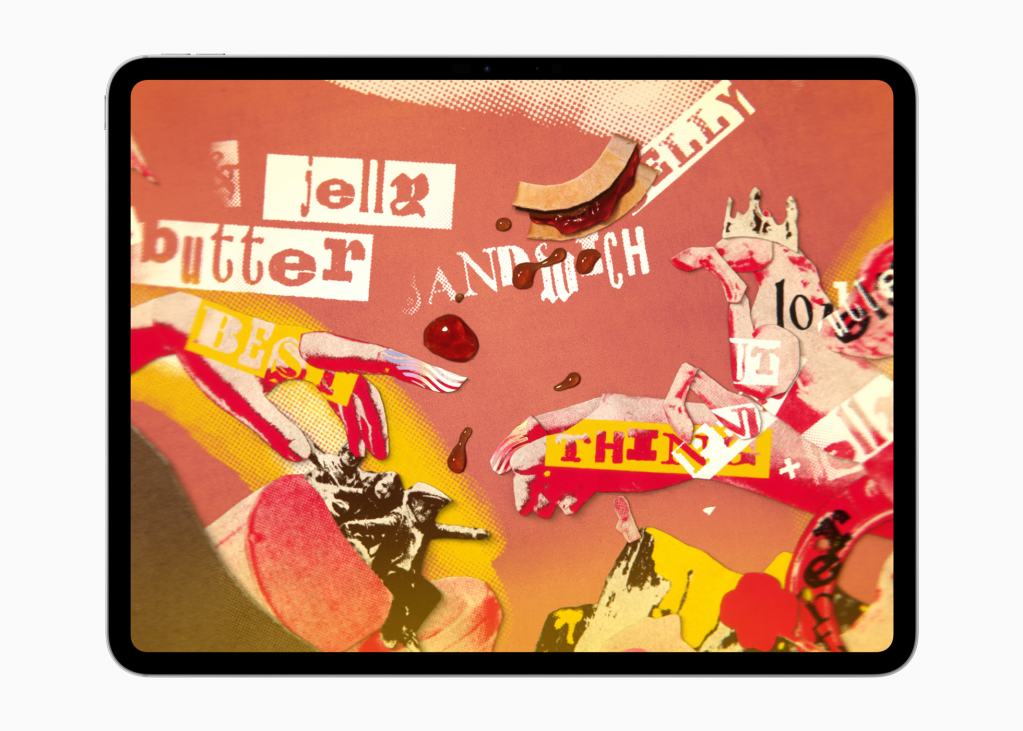 Apple, 2025 Apple 디자인 어워드 수상작 공개 6 A vibrant and artistic collage displayed on an iPad, featuring elements like jelly, butter, and sandwich-related text, with playful designs and colors creating a whimsical atmosphere.