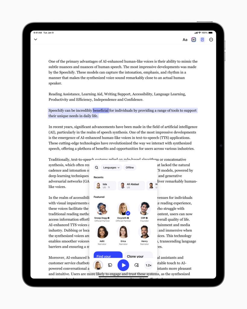 Apple, 2025 Apple 디자인 어워드 수상작 공개 9 An iPad displaying a text interface with speech synthesis features, highlighting AI-enhanced human-like voices and various language options available for improved accessibility and user experience.