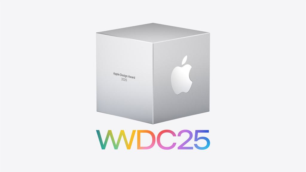 Apple, 2025 Apple 디자인 어워드 수상작 공개 2 2025 Apple 디자인 어워드 트로피가 놓여 있는 모습으로, 배경은 화이트.