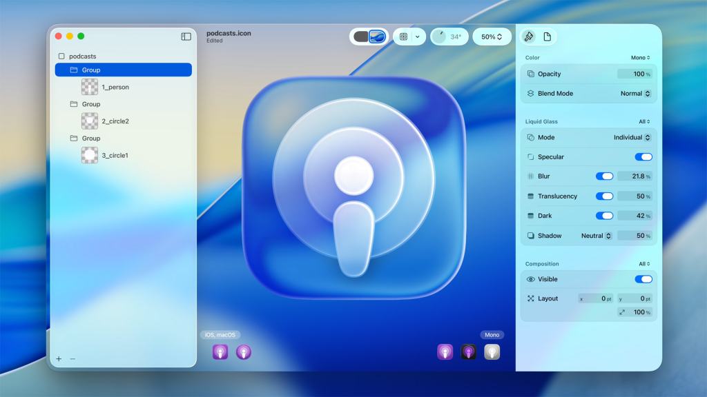 A user interface design screenshot showcasing the new Icon Composer app for creating app icons, featuring controls for opacity, blend mode, and liquid glass effects.