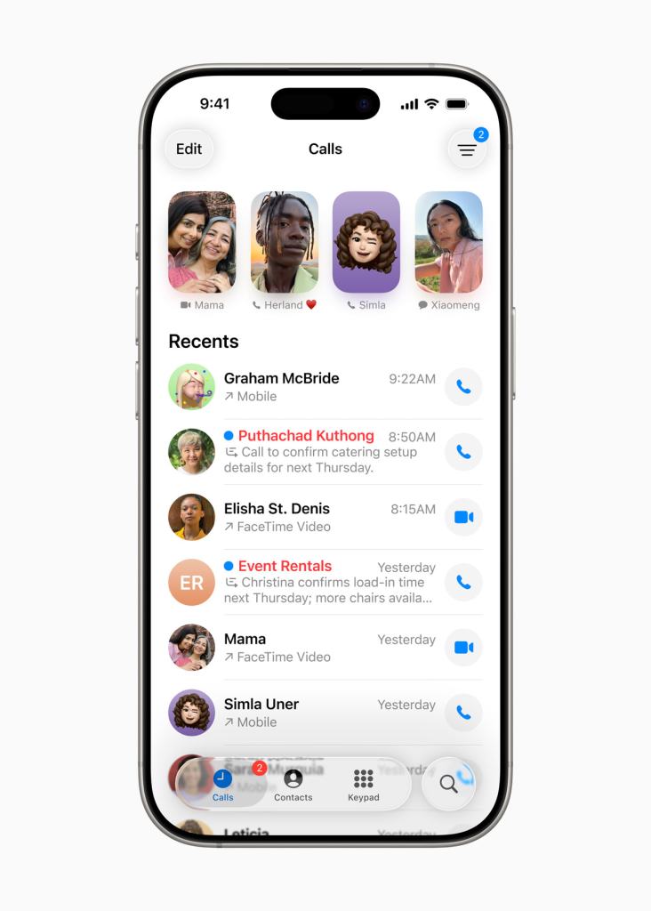 iOS 26의 전화 앱 화면, 최근 통화 목록과 사용자의 연락처 이미지가 표시된 모습.