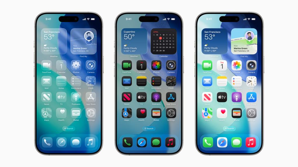 세 개의 iPhone 화면을 보여주는 이미지로, 각각 다른 홈 화면 레이아웃과 앱 아이콘들이 배치되어 있다. 첫 번째 화면은 샌프란시스코의 날씨를, 두 번째 화면은 쿠퍼티노의 날씨를 표시하고 있으며, 세 번째 화면에는 여러 앱 아이콘과 위젯이 포함되어 있다.