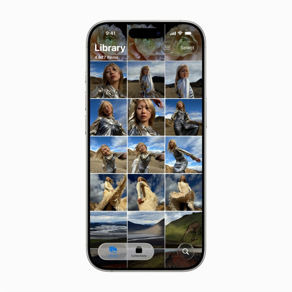 iPhone의 사진 앱 화면으로, 다양한 이미지가 그리드 형태로 배열되어 있습니다. 화면 상단에는 'Library'와 총 이미지 수가 표시되고 있습니다.