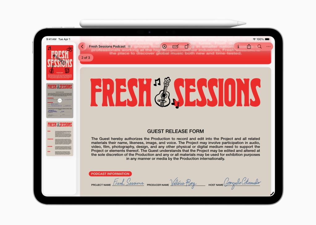 iPad 화면에 'Fresh Sessions' 팟캐스트와 관련된 문서가 표시되어 있는 이미지로, 문서 상단에 상징적인 로고와 함께 서명이 포함되어 있다.