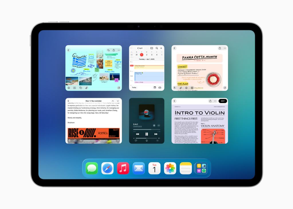 iPadOS 26에서 여러 앱의 윈도우가 나란히 배열된 모습, 각기 다른 콘텐츠를 동시에 확인할 수 있는 멀티태스킹 인터페이스.