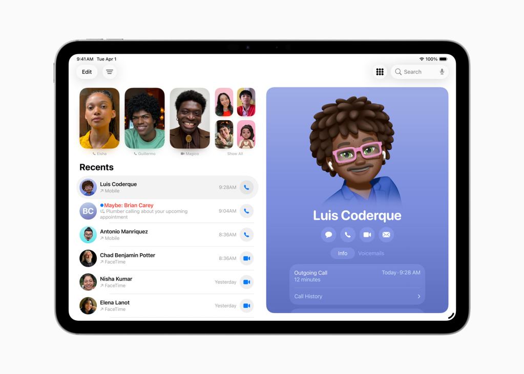 An iPad screen displaying a contacts interface featuring a recent call log, including contact names, times, and options for making calls or sending messages.