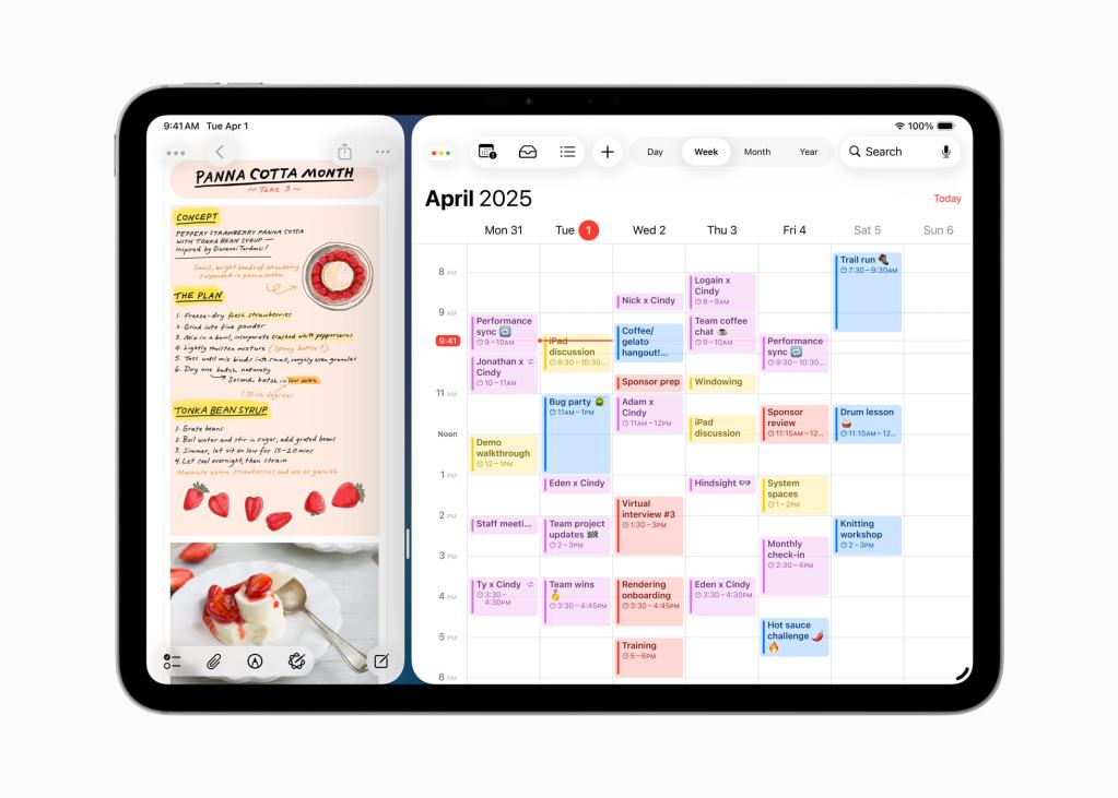 A split-screen view on an iPad displaying a recipe document on the left side and a calendar with events on the right side.