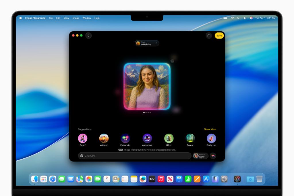 A screenshot of the Image Playground app in macOS Tahoe 26, showing a user interface with an image being edited and various suggestion icons below.