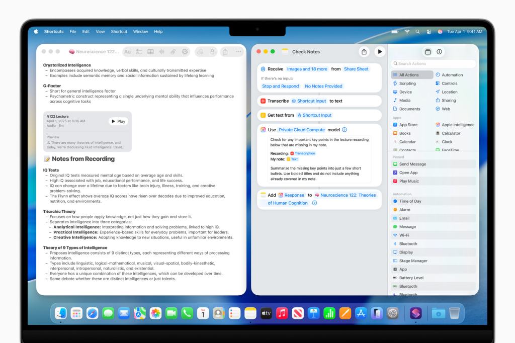 macOS Tahoe 26의 인터페이스를 보여주는 화면, 노트 필기 및 작업 자동화 관련 기능이 표시됨.