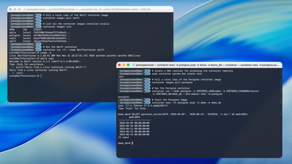 Two terminal windows displayed on a computer screen, showcasing commands for managing Swift and Postgres containers in a Linux environment.