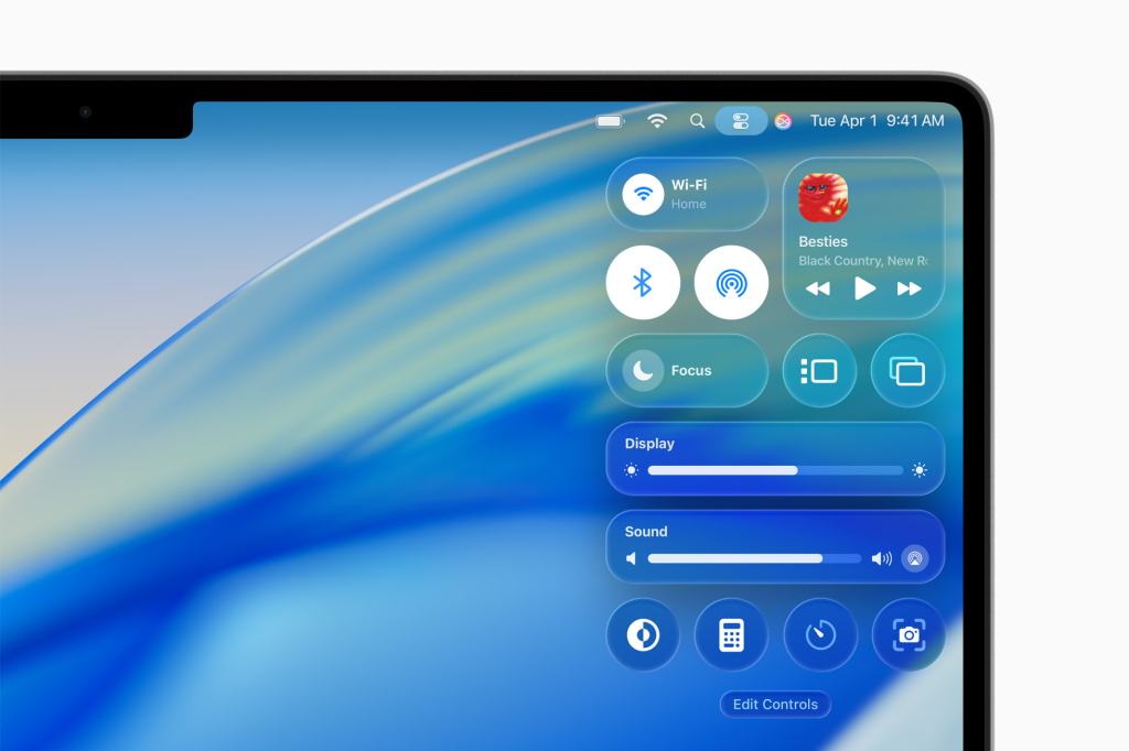맥의 새로운 제어 센터 화면으로, Wi-Fi, Bluetooth, 소리 및 디스플레이 조정 기능이 포함되어 있다.