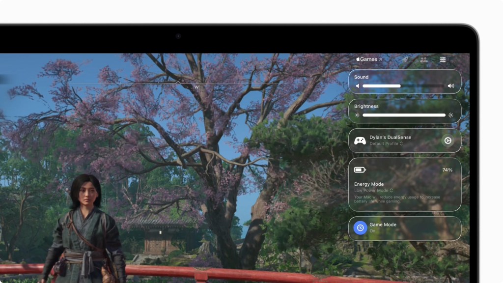 macOS Tahoe 26의 게임 화면에 설정 조절 메뉴가 나타난 모습, 여성 캐릭터와 분홍색 꽃이 만발한 나무 뒤 배경을 보여줌.