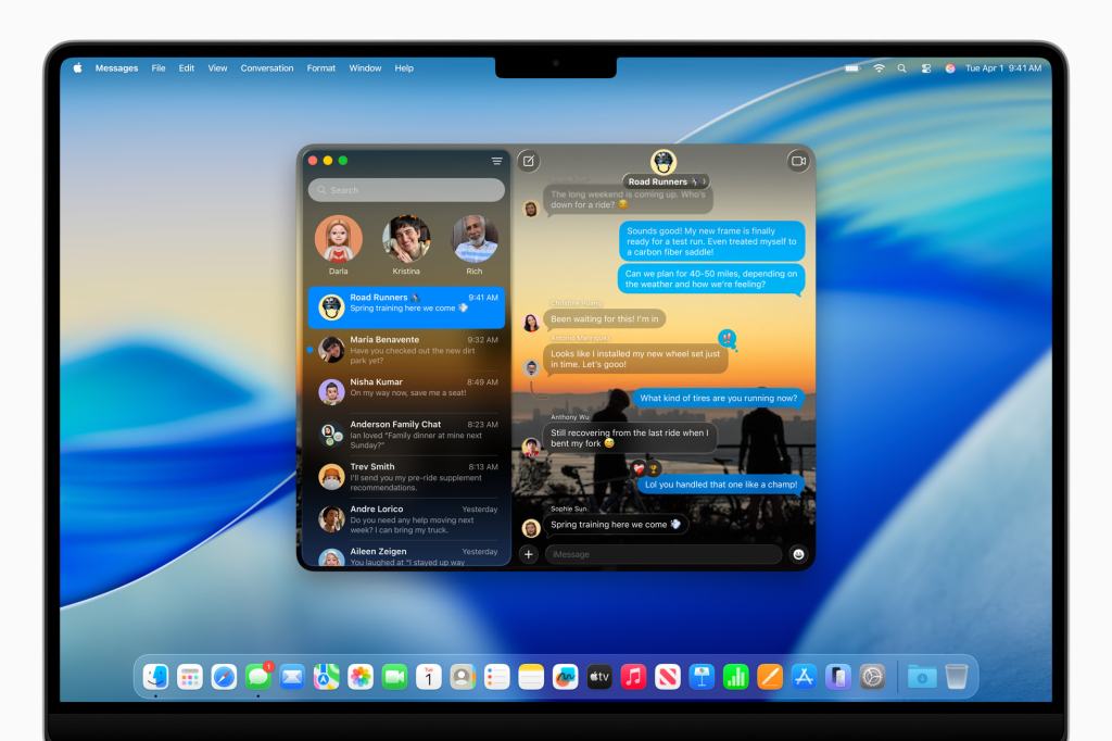 macOS Tahoe 26의 메시지 앱 인터페이스가 표시된 화면
