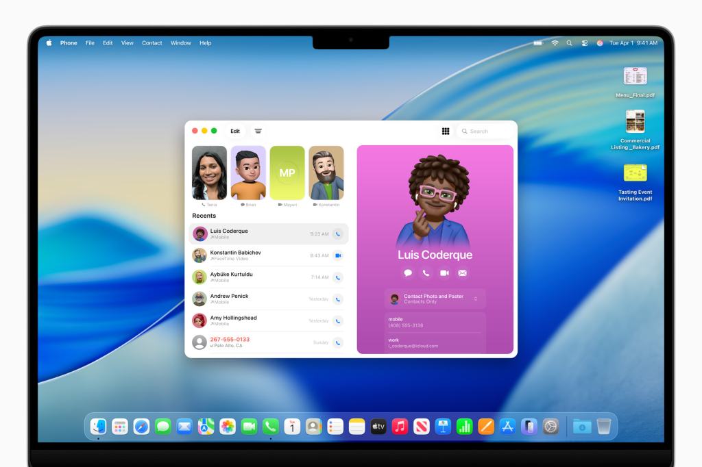 macOS Tahoe 26에서 전화 앱 인터페이스가 표시된 화면으로, 최근 통화 목록과 연락처 사진, 사용자 아바타가 포함되어 있다.