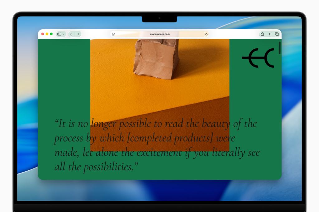 A laptop screen displaying a website with an orange background and a brown bag, featuring a quote about the beauty of processes.